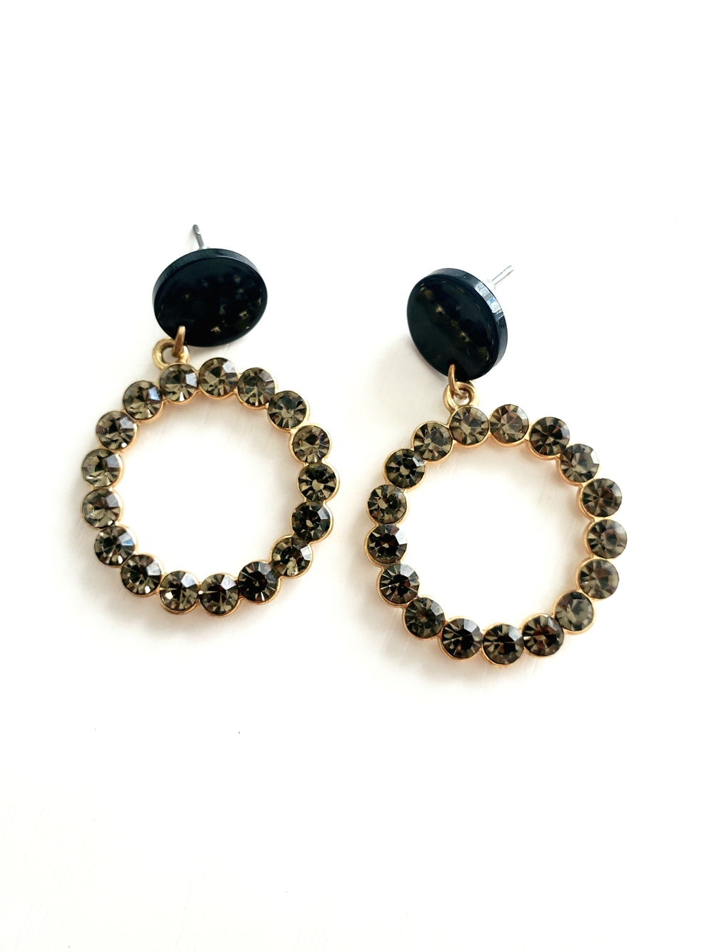 Gold Hoop Crystal Drop Earrings - Black and Smoky Gray
